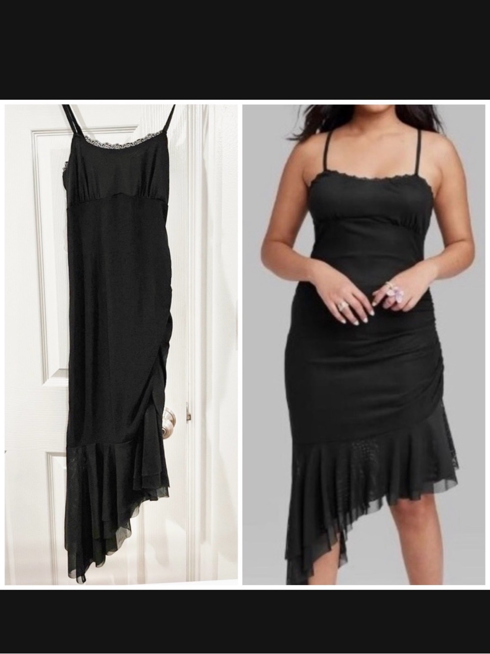 Black Ruched Side Dress with Lace Trim